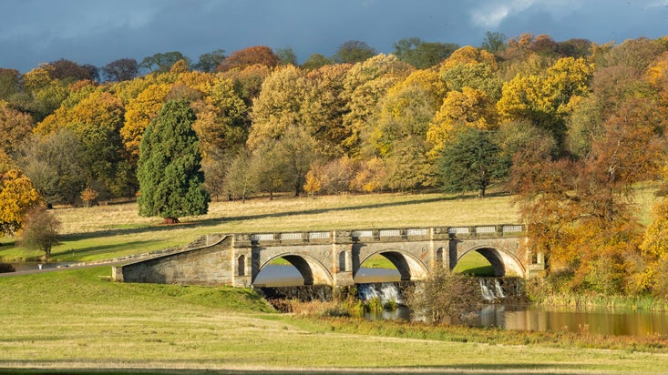 Autumnal view of the 18th century bridge and woodland beyond at Kedleston Hall, Derbyshire